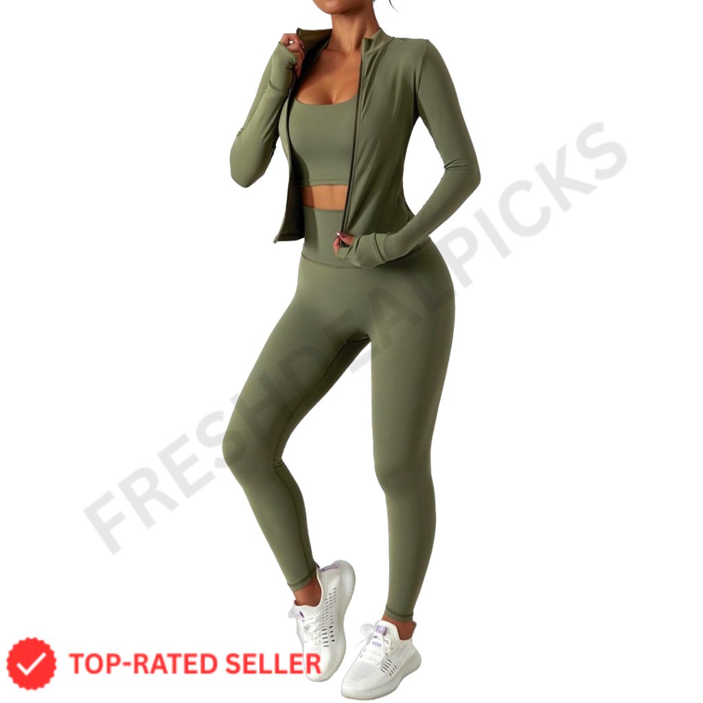 Workout Set Sports Bra Leggings Jacket Activewear Yoga Gym Running Training